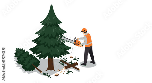 Lumberjack cutting pine tree with chainsaw in isometric flat style