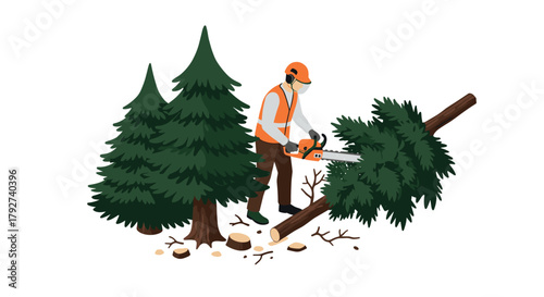Lumberjack cutting tree with chainsaw in forest scene