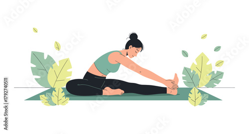 Woman practicing yoga outdoors surrounded by leaves in a modern flat design