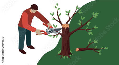 Gardener trimming tree branch with pruning shears in isometric style