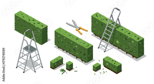 Isometric garden scene with hedge trimming tools and step ladder for modern landscaping projects