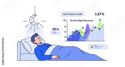 Sleep analytics concept with resting man and data visualization in blue tones