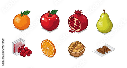 Colorful isometric fruit and nut icons set: citrus, apple, pomegranate, pear, and more