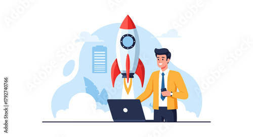 Business success with rocket launch and smiling entrepreneur