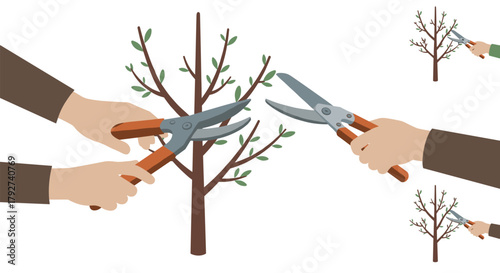 Flat style hands pruning trees with scissors and shears for gardening