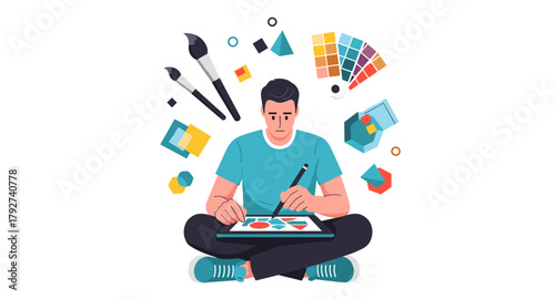 Creative designer engaging in graphic design with digital tools and color palettes