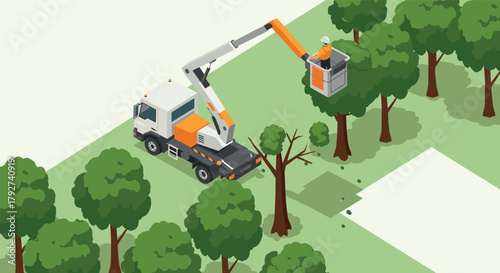 Tree pruning maintenance with elevated work platform in isometric style
