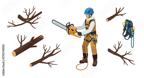 Arborist with chainsaw and branches professional tree cutting equipment