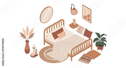 Cozy bohemian bedroom with wicker bed and earth tone decor in isometric style
