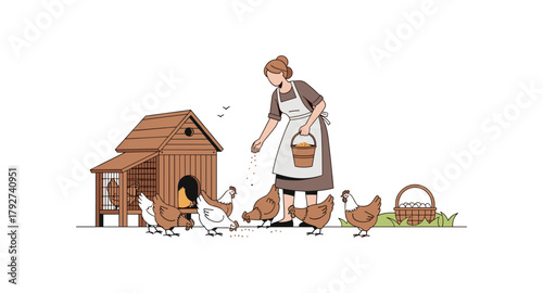 Farmer feeding chickens by the coop in minimalist style