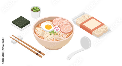 Isometric ramen bowl with ingredients and utensils