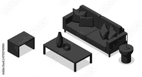 Modern minimalist living room furniture in isometric black design