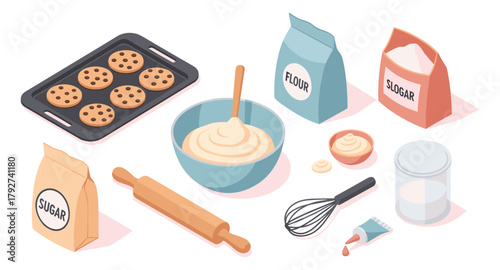 Isometric baking essentials: cookies, flour, sugar, and kitchen tools for home bakers