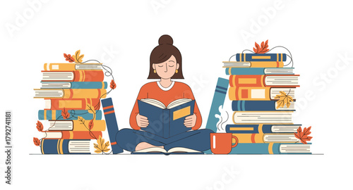 Cozy autumn reading scene with woman and books