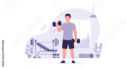 Man exercising with dumbbells in home gym setting