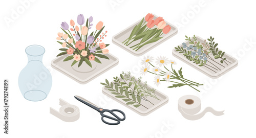 Isometric flower arranging tools and trays with fresh blooms and foliage