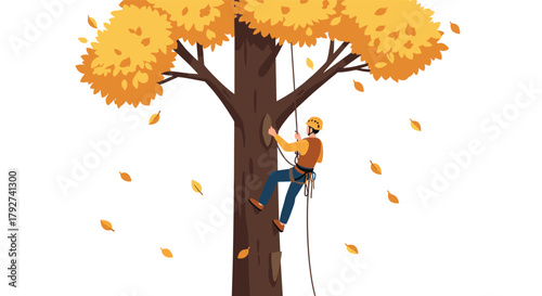 Autumn tree climber in flat style with falling leaves on white background