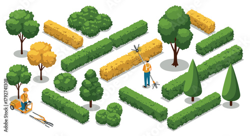Isometric garden maintenance scene with workers and greenery