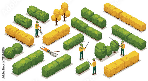 Isometric garden scene with workers trimming hedges and autumn trees