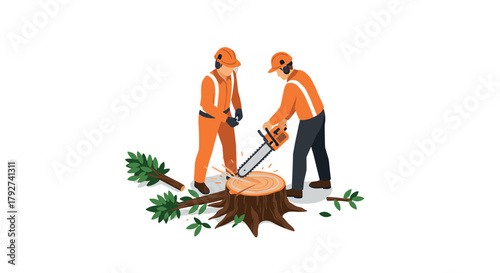 Lumberjacks cutting tree trunk with chainsaw in forest