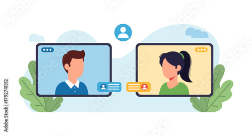Online communication concept with video call interface and avatars in flat style