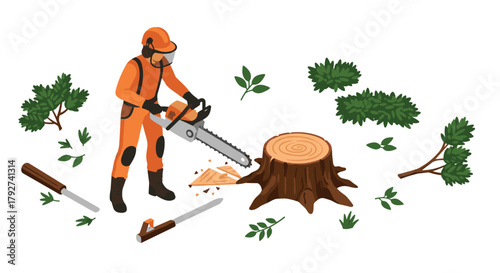 Lumberjack cutting tree stump in safety gear with chainsaw amidst foliage
