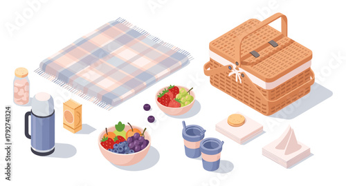 Charming picnic essentials set with isometric blanket and basket