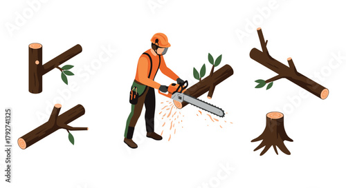 Isometric lumberjack cutting tree branches with chainsaw for forestry work