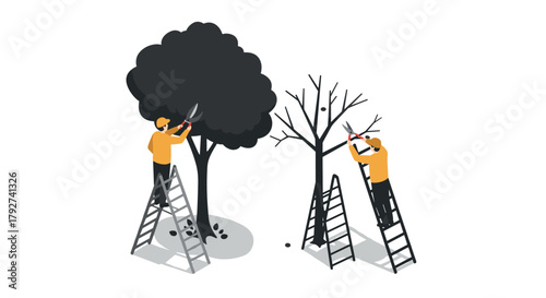 Isometric arborists pruning trees on ladders in minimalist style