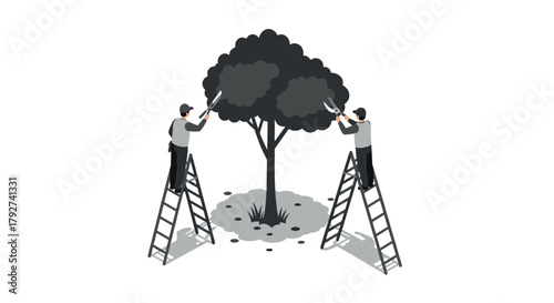 Isometric gardeners pruning trees with ladders in a minimalist grey scale design