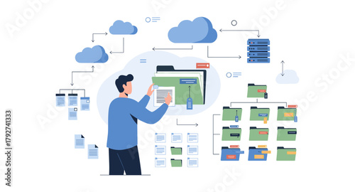Data management and cloud storage concept with interactive document sorting for digital solutions
