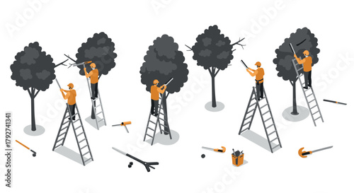 Isometric tree pruning scene with workers and tools in orange and gray