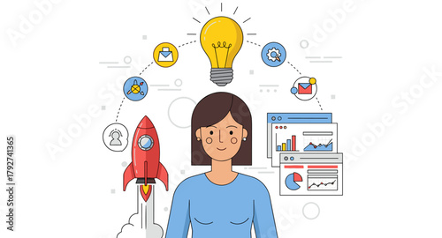 Innovative mindset with businesswoman and technologies in flat design