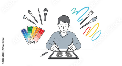Creative designer working on tablet with colorful tools and brushes in flat style