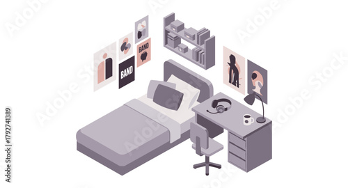 Contemporary isometric bedroom with modern decor and study area
