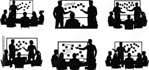 Team meeting silhouette styles, collaborative planning poses, professional discussion scenes, vector set, editable stroke, black and white business concept
