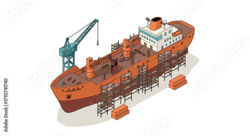 Isometric shipyard scene with cargo ship and crane