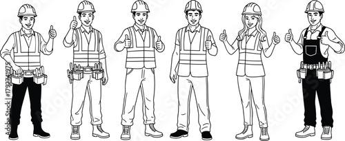 Team of construction workers in safety helmets and vests, engineering professionals, teamwork concept, architecture industry, skilled builders illustration, safety, confidence, collaboration, success.