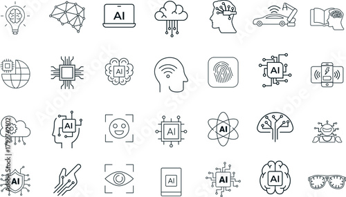 Artificial Intelligence and Machine Learning Vector Icons. Set of 32 line art symbols for AI technology, neural networks, and data science. Includes brain, chip, and facial recognition