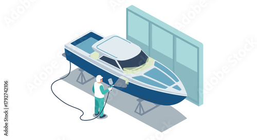 Isometric yacht painting scene with worker refinishing boat in workshop