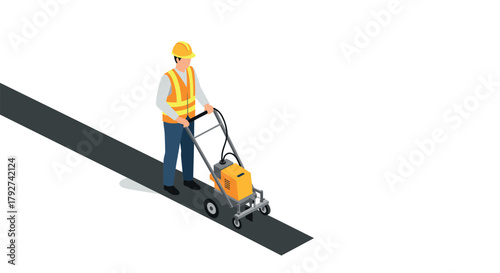 Isometric road worker operating machine in safety gear on asphalt