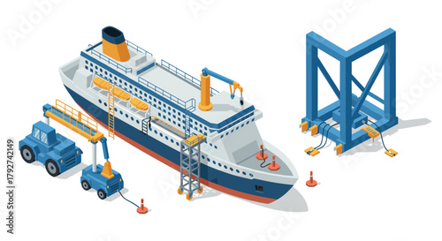 Isometric shipyard scene with cruise liner and equipment illustrating maritime industr