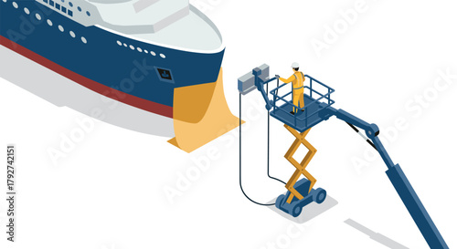 Isometric ship maintenance with hydraulic lift and worker on platform