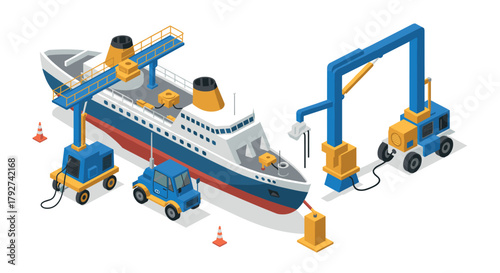 Isometric ship construction scene with industrial cranes and machinery