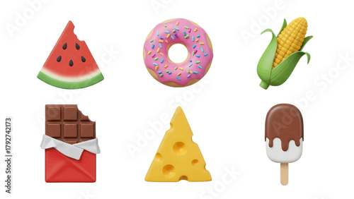 Vector illustration of assortment of food icons including watermelon, donut, corn, chocolate, cheese, and ice cream on a transparent background