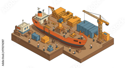 Isometric shipyard with cargo ship and workers in a detailed industrial scene