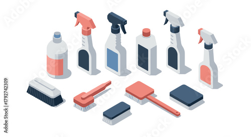 Isometric cleaning supplies set with spray bottles and brushes on white background