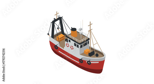 Isometric fishing boat with cargo on white background