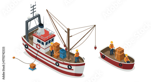 Isometric fishing boat scene with workers and cargo on open water