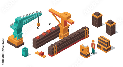 Isometric construction scene with cranes, workers, and building materials